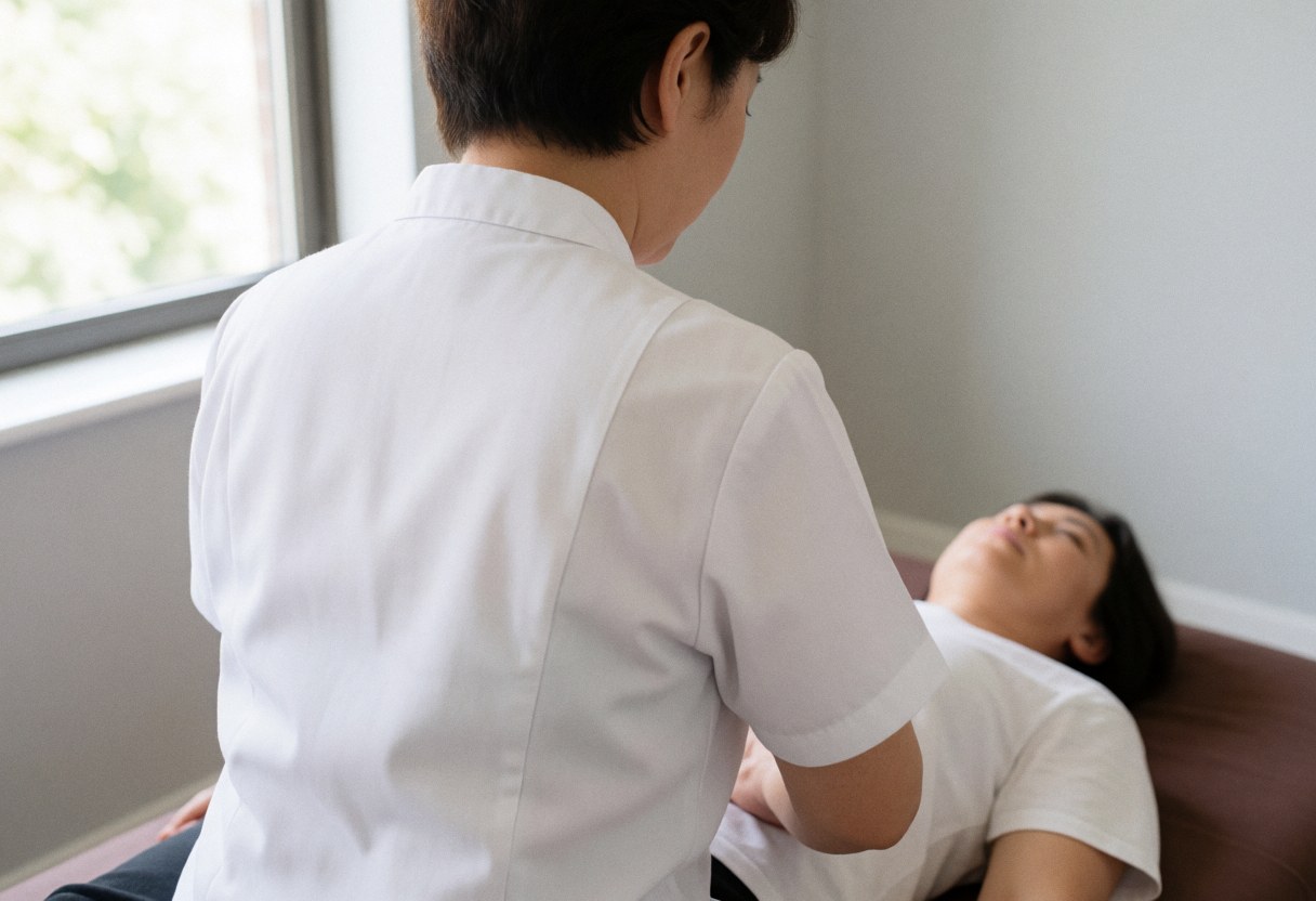 Un praticien de shiatsu exerce une pression manuelle sur le ventre d'une cliente allongée sur un tapis dans une pièce baignée de lumière naturelle.