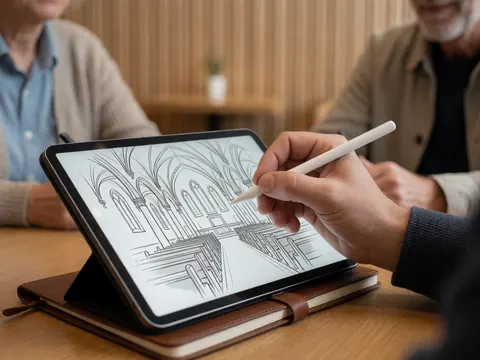 Une main trace un schéma architectural d'une église sur une tablette numérique posée sur une surface en cuir, dans un environnement chaleureux avec du café et du bois.