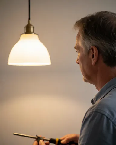 Un électricien utilise un tournevis pour inspecter une lampe suspendue allumée contre un mur neutre, dans le cadre d'un service de maintenance électrique résidentiel.