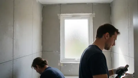 Deux installateurs préparent une pièce avec des murs en panneaux de ciment et une fenêtre à verre dépoli pour la pose de carreaux.