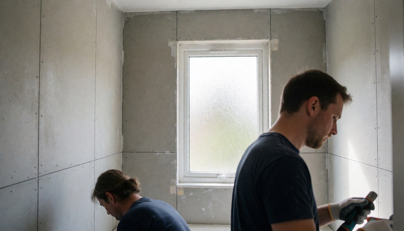 Deux installateurs préparent une pièce avec des murs en panneaux de ciment et une fenêtre à verre dépoli pour la pose de carreaux.