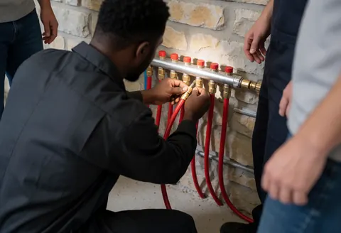Un technicien raccorde un tube PEX rouge à un collecteur de chauffage fixé sur un mur en pierre lors d'une intervention de réparation.