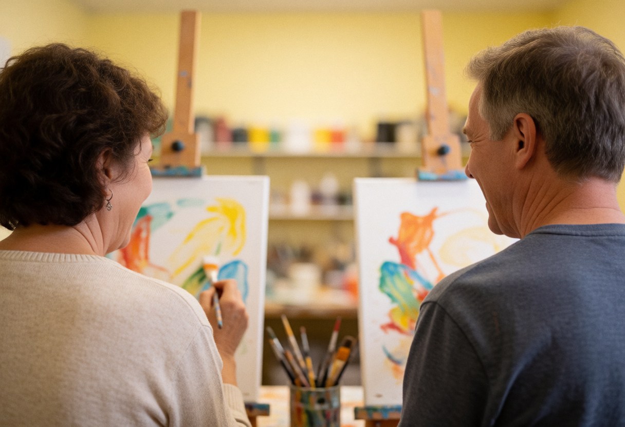 Deux personnes réalisent une peinture abstraite dans un atelier, illustrant un service artistique en cours.