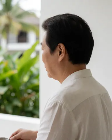 Un homme adulte reçoit une boisson dans un resort tropical avec végétation verte et murs blancs.