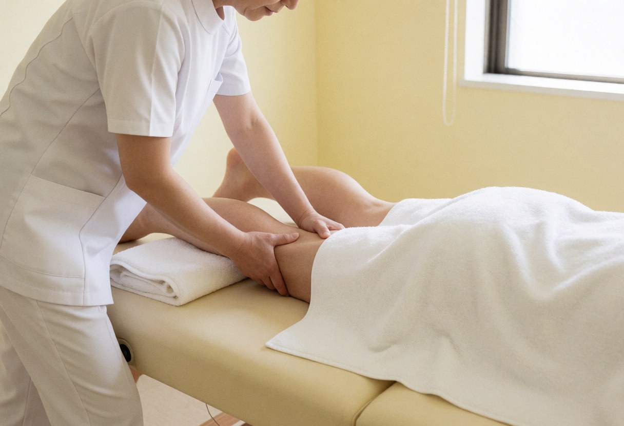 Un thérapeute en uniforme blanc effectue un massage sur la jambe d'un client, recouverte d'une serviette blanche, dans une salle aux murs jaune pâle.