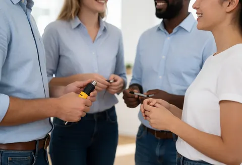 Quatre personnes souriantes dans un bureau moderne baigné de lumière naturelle, vêtues de manière décontractée et échangant en groupe.