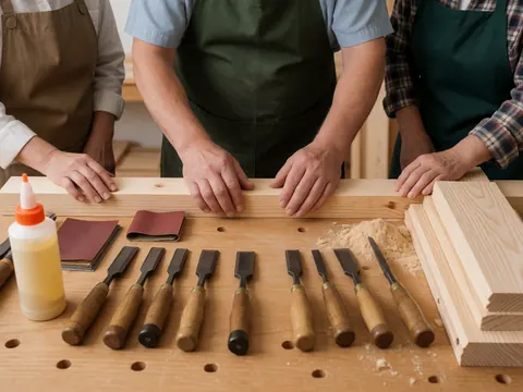 Trois personnes en tabliers travaillent dans un atelier de menuiserie avec des outils, des clous et de la sciure sur une table.