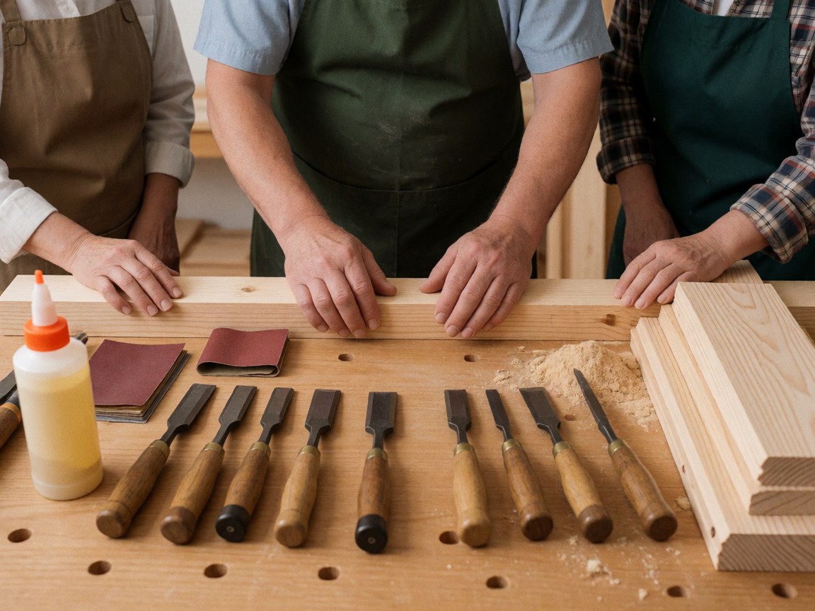 Trois personnes en tabliers travaillent dans un atelier de menuiserie avec des outils, des clous et de la sciure sur une table.