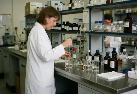 Une technicienne en laboratoire effectue une mesure précise de liquide dans un erlenmeyer, avec des réactifs sur les étagères en arrière-plan.
