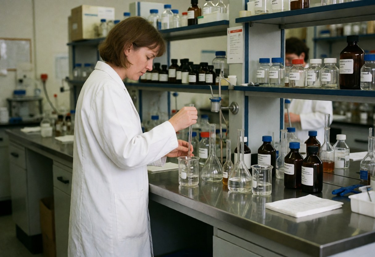 Une technicienne en laboratoire effectue une mesure précise de liquide dans un erlenmeyer, avec des réactifs sur les étagères en arrière-plan.