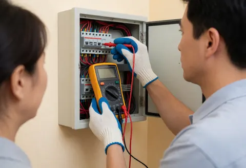 Un technicien en gants isolants teste les circuits à l'intérieur d'un panneau électrique ouvert avec câblage rouge et noir lors d'une intervention de maintenance.