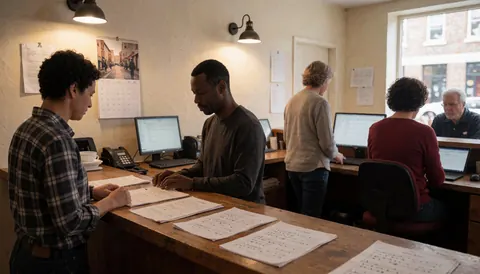Des partitions musicales posées sur un bureau en bois dans un atelier de théâtre avec du personnel travaillant.