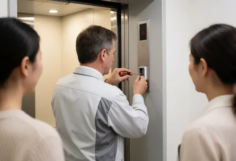 Un technicien en train d'installer un bouton d'urgence sur le panneau de commande d'un ascenseur, avec deux personnes observant la scène.