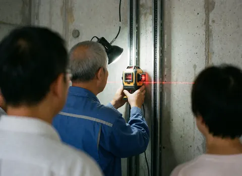 Un technicien en uniforme bleu ajuste des guides métalliques d'ascenseur sur un mur en béton à l'aide d'un niveau laser rouge, sous l'éclairage de travail.