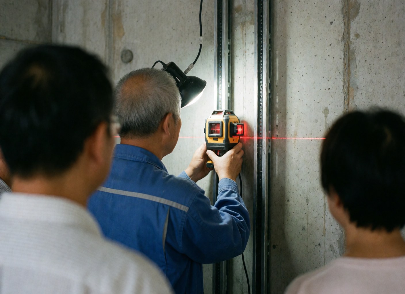 Un technicien en uniforme bleu ajuste des guides métalliques d'ascenseur sur un mur en béton à l'aide d'un niveau laser rouge, sous l'éclairage de travail.