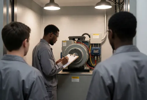Un technicien en uniforme examine le moteur d'ascenseur dans une salle des machines aux murs gris, notant ses observations sur un carnet sous l'éclairage du plafond.