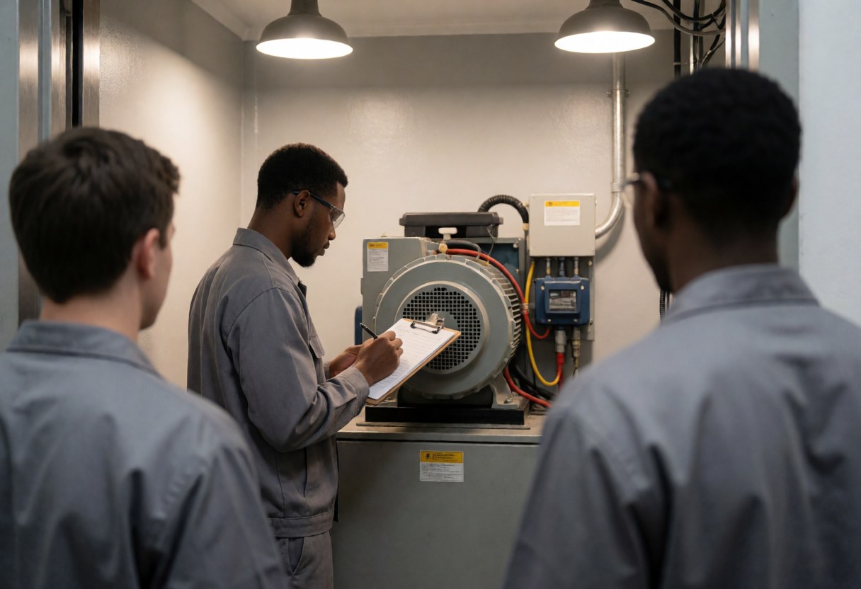 Un technicien en uniforme examine le moteur d'ascenseur dans une salle des machines aux murs gris, notant ses observations sur un carnet sous l'éclairage du plafond.