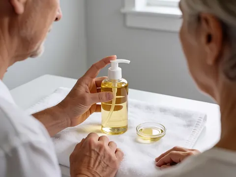 Une main tient une bouteille d'huile munie d'une pompe, sur fond neutre.