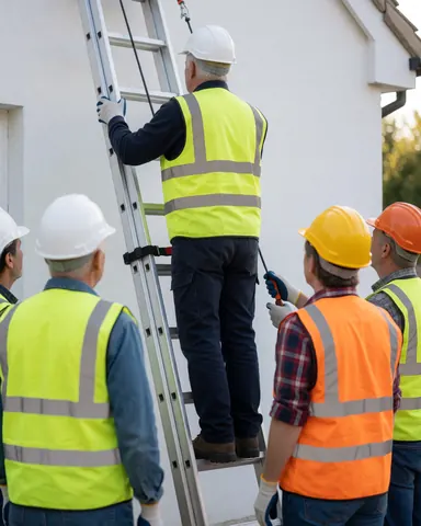Un ouvrier en hauteur sur une échelle porte un équipement de sécurité tandis que d'autres collègues observent les travaux de toiture sur une maison aux murs blancs.