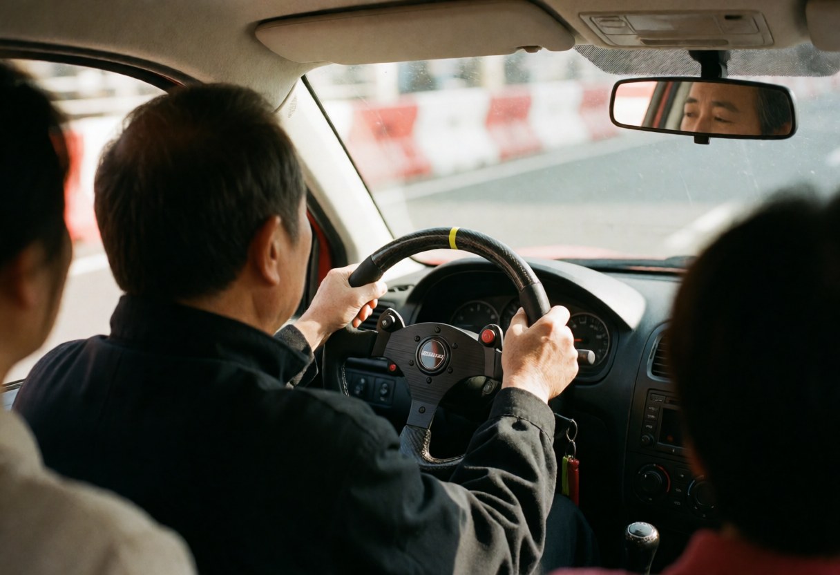Vue intérieure d'un cockpit montrant un conducteur au volant, les mains sur le volant, avec des barrières rouges et blanches floues visibles par le rétroviseur.