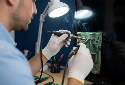 Un technicien en gants effectue une soudure sur une carte verte à l'intérieur d'un télévisor, avec fumée et éclairage de travail dans un atelier.