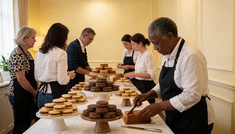 Un cuisinier coupe un gâteau au dulce de leche sur une table avec des alfajores lors d'un événement de pâtisserie élégant.