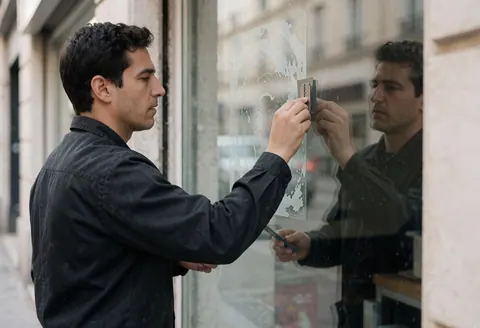 Un homme utilise une lame pour retirer un sticker sur la vitrine d'un magasin, avec des reflets visibles sur le verre et l'outil de nettoyage en main.