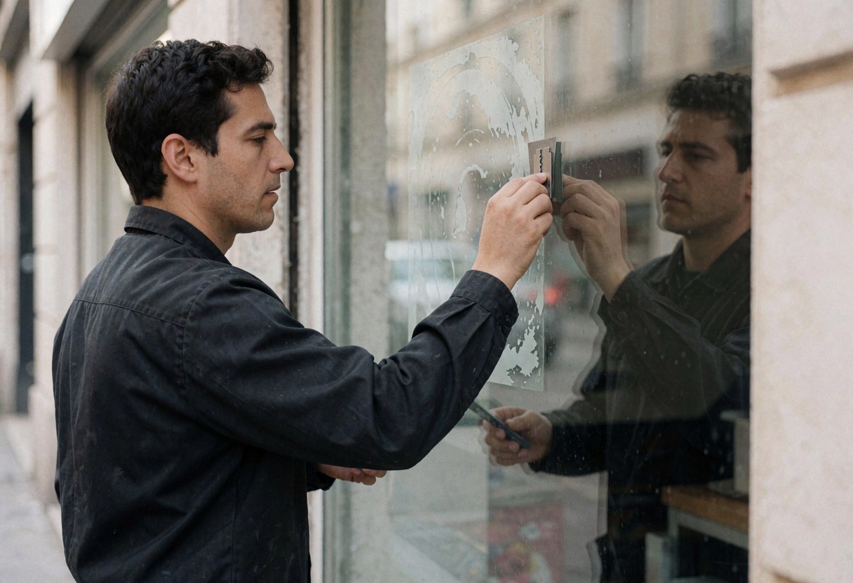 Un homme utilise une lame pour retirer un sticker sur la vitrine d'un magasin, avec des reflets visibles sur le verre et l'outil de nettoyage en main.