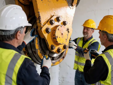 Trois ouvriers en tenue de sécurité ajustent des boulons sur l'anneau à rouleaux d'une grue jaune dans un atelier industriel.