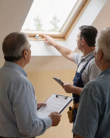Un technicien inspecte une fenêtre de toit sur un toit, tandis qu'un client tient un classeur, avec des murs beige et une lumière naturelle.