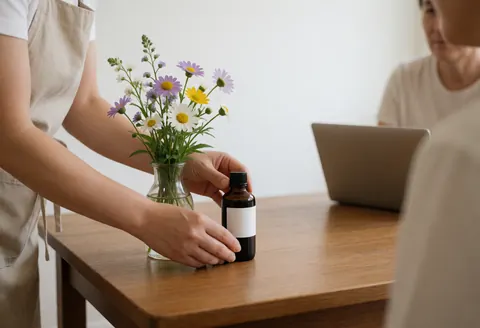 Un professionnel place une bouteille de remède floral à côté d'un bouquet de fleurs sauvages sur une table en bois lors d'une consultation.