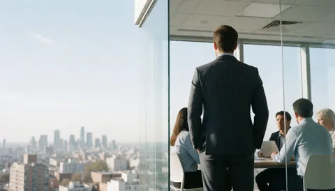Homme en costume dos regardant la ville depuis une salle de réunion vitrée, idéal pour bannière de site web.