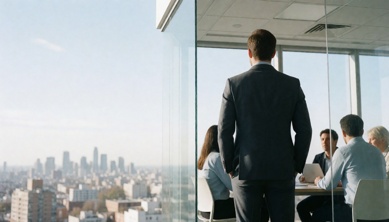 Homme en costume dos regardant la ville depuis une salle de réunion vitrée, idéal pour bannière de site web.