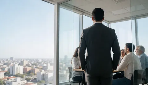 Un homme en costume vu de dos contemple le paysage urbain par la fenêtre d'un bureau moderne avec des collègues en réunion.
