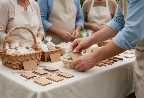 Des vendeurs posent des étiquettes sur des paniers contenant des produits artisanaux emballés dans du plastique lors d'un marché.