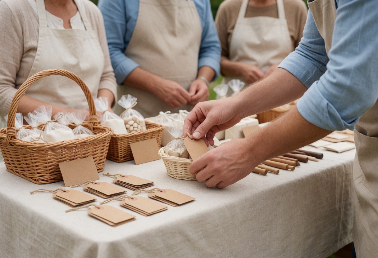 Des vendeurs posent des étiquettes sur des paniers contenant des produits artisanaux emballés dans du plastique lors d'un marché.