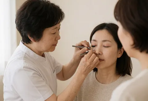 Technicienne applique un faux cil sur une cliente aux yeux fermés dans un salon de beauté avec un mur beige et une lumière naturelle.