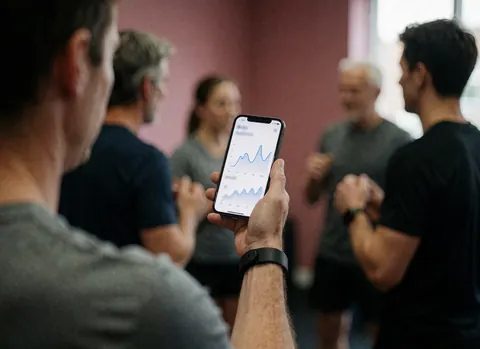 Personne dans un gymnase tenant un téléphone avec un graphique d'entraînement, murs roses et groupe de personnes en arrière-plan.