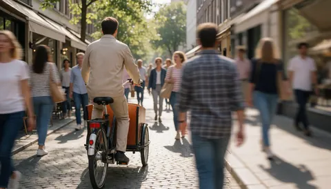 Un cycliste transporte des marchandises avec un vélo cargo sur une rue piétonne pavée, sous les ombres de stores et avec des personnes en arrière-plan.