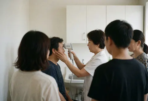 Un professionnel utilise un dispositif médical pour examiner la peau d'un patient dans une clinique équipée d'une cabine blanche et d'un lavabo.