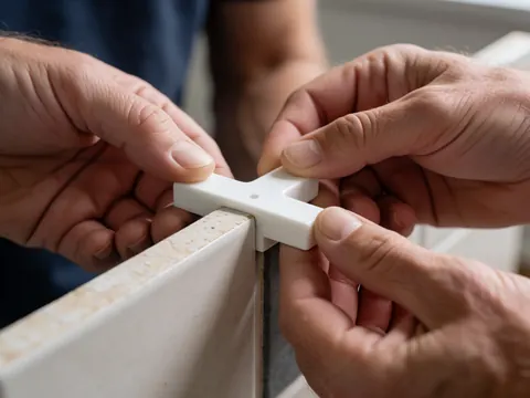 Gros plan des mains d'un carreleur insérant un espaceur blanc entre deux céramiques, avec une éclairage doux pour la rénovation.