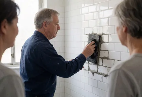 Un ouvrier pose du joint entre des carreaux blancs dans une salle de bain éclairée par la lumière naturelle d'une fenêtre, illustrant un service de rénovation en cours.