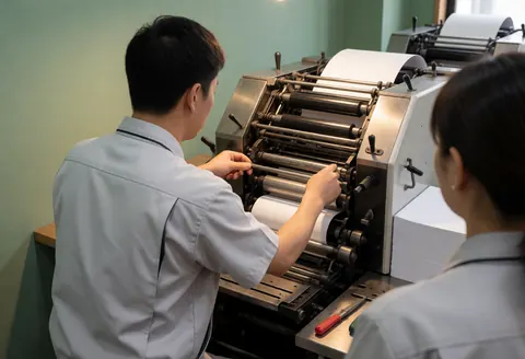Technicien dans une imprimerie ajustant les rouleaux d'une imprimante offset avec du papier blanc et des murs verts, illustrant le service d'impression en action.