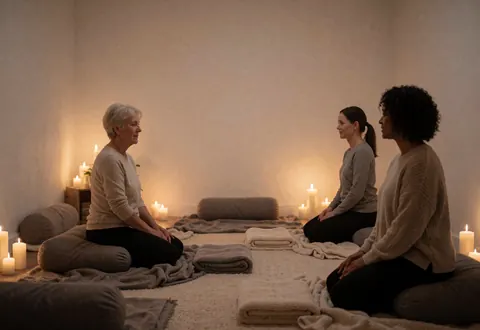 Trois femmes assises sur le sol font du yoga dans un espace calme et chaleureux, entourées de bougies allumées, de couvertures et de coussins.