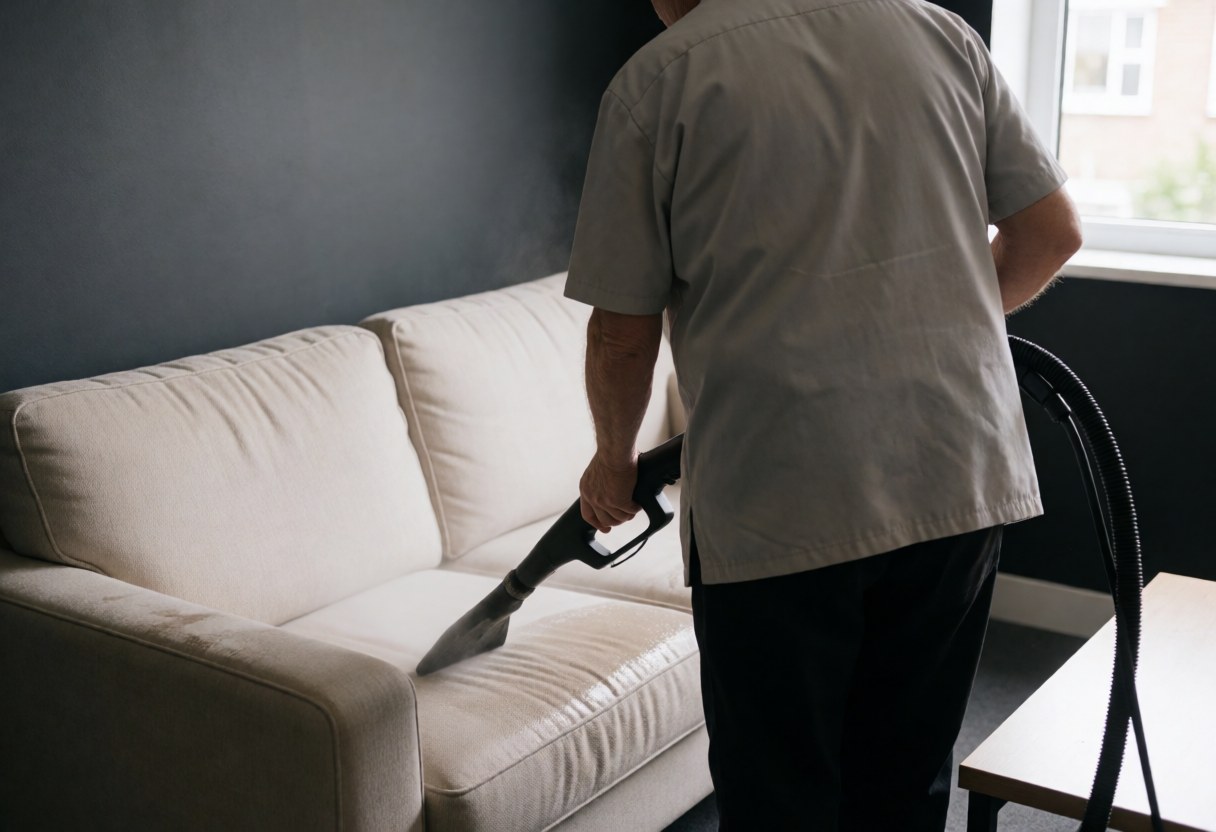 Un agent de nettoyage utilise une machine à vapeur pour nettoyer un canapé beige dans un salon aux murs gris et à la lumière naturelle.