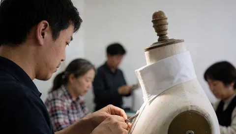Vue d'un atelier de couture professionnel comportant un mannequin et divers outils de travail sur fond blanc.