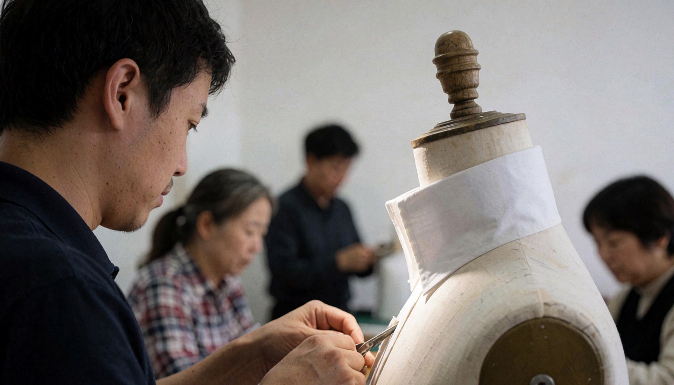 Vue d'un atelier de couture professionnel comportant un mannequin et divers outils de travail sur fond blanc.