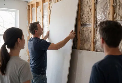 Un homme pose un panneau de plâtre sur une structure en bois avec isolation, tandis que deux personnes observent les travaux en cours.