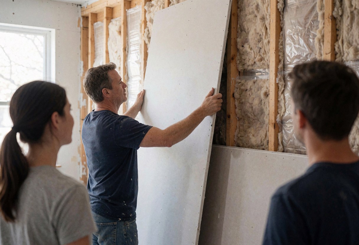 Un homme pose un panneau de plâtre sur une structure en bois avec isolation, tandis que deux personnes observent les travaux en cours.