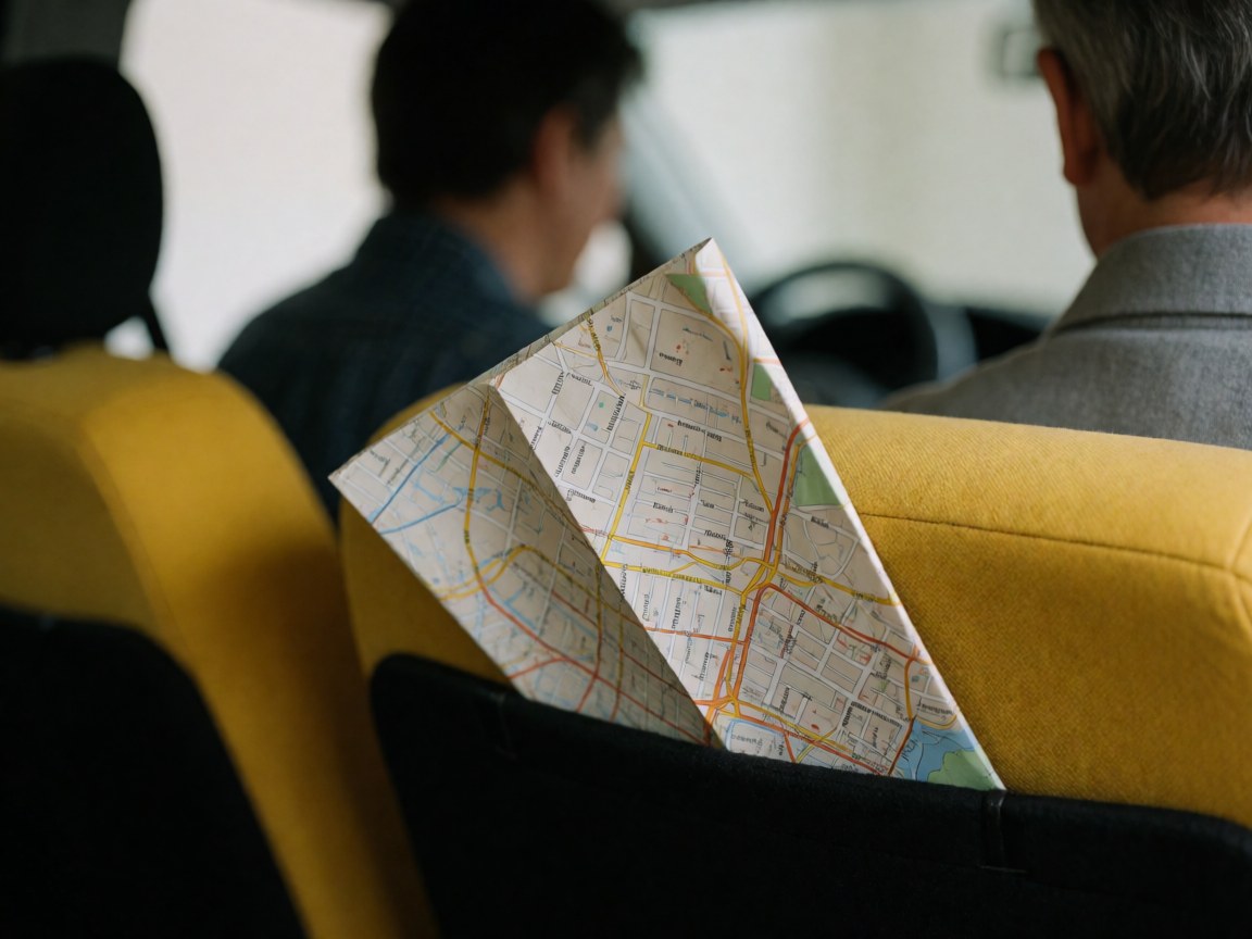 Une carte de ville pliée posée sur le siège d'un taxi jaune avec des passagers assis en arrière-plan pour illustrer les services de transport.